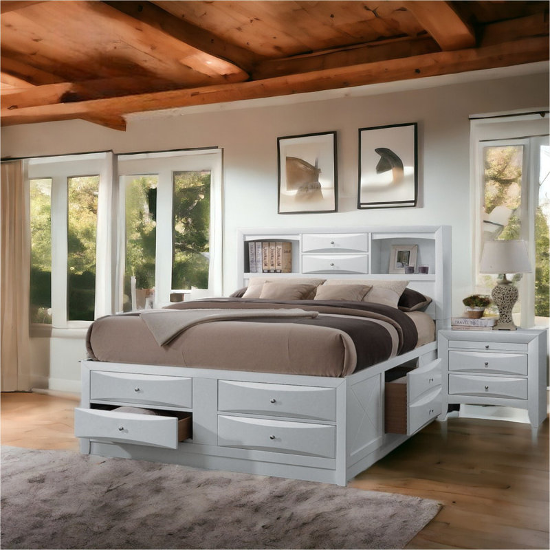 Lit Irlande avec fini blanc et rangement, Grand lit