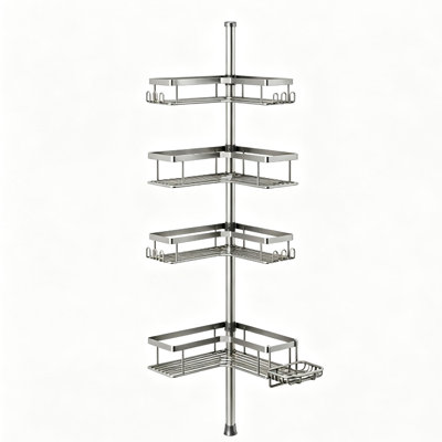 Rust-Resistant Stainless Steel 4-Tier Corner Tension-Pole Shower Caddy, Adjustable 47.7-in to 123.6-in Height, Silver Gray