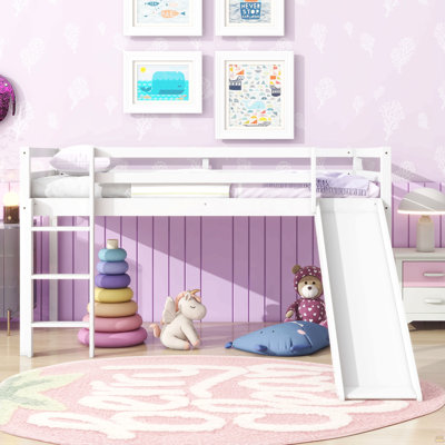 Lit simple mezzanine bas avec glissade, échelle, barrières de sécurité, lit mezzanine simple en bois d'hévéa