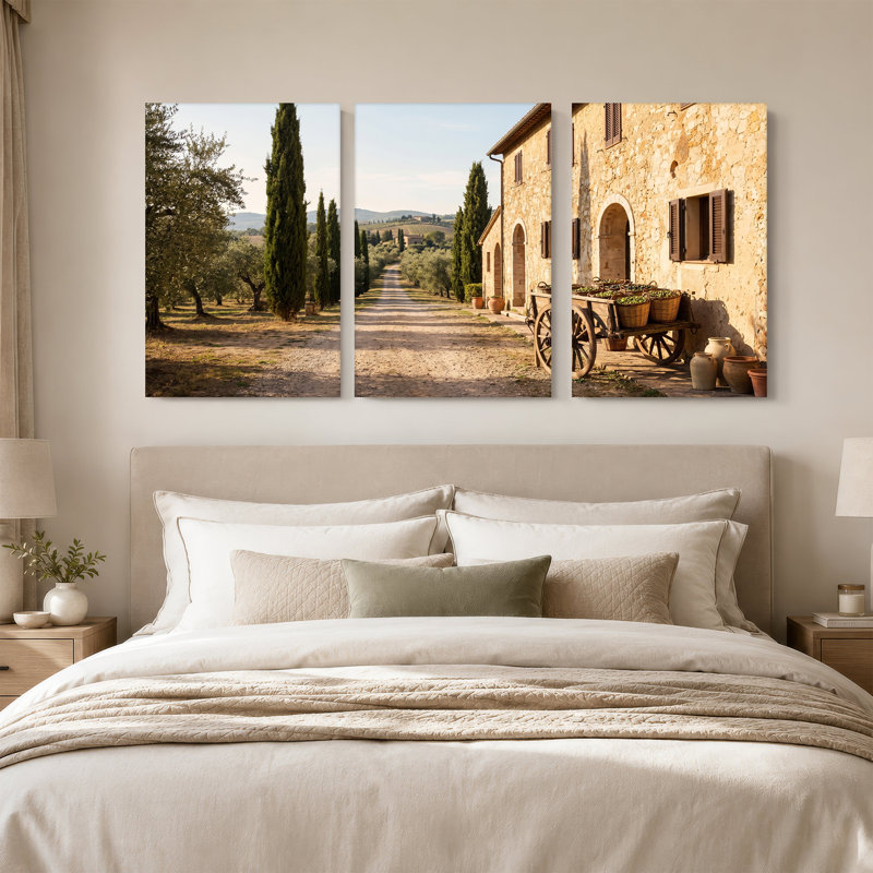 Ensemble de 3 toiles toscanes en pierre avec cyprès et oliveraie, 36"H x 24"W x 3pcs