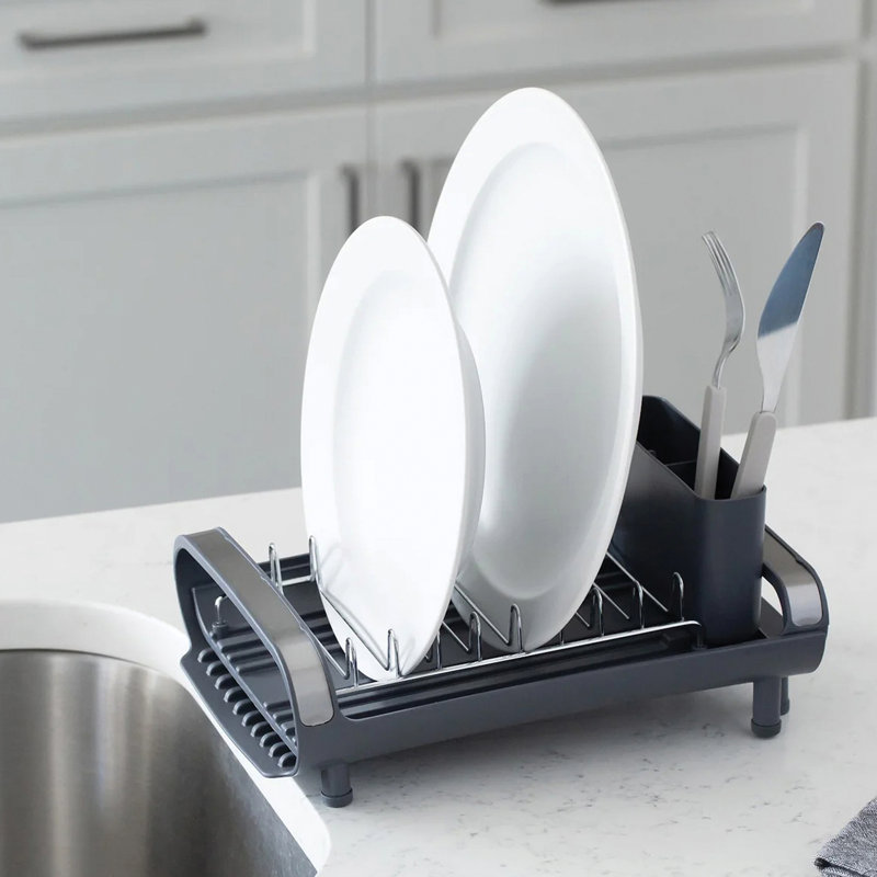 Compact Gray Metal Foldable Dish Rack with Utensil Cup