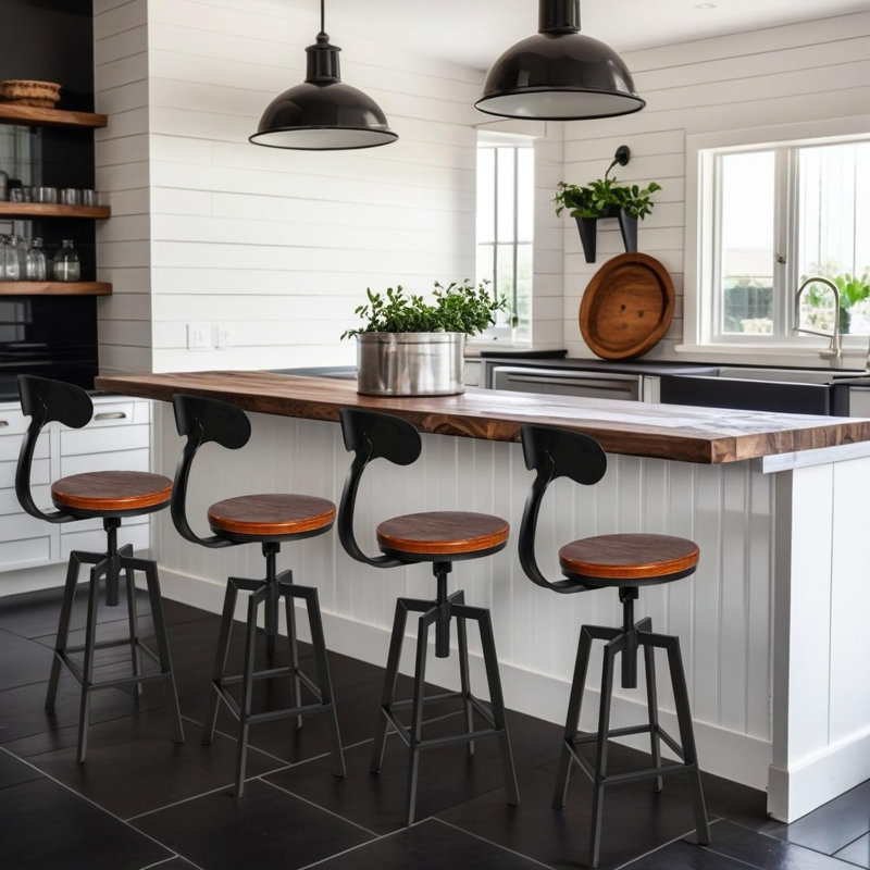 Industrial Bar Stool-Adjustable Swivel Wood Metal Stool With Backrest,Black,Fully Welded (Brown Wooden Top With Iron Backrest)