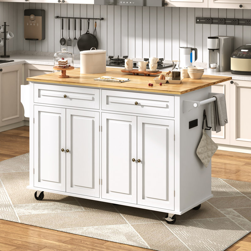 Rolling Kitchen Island With Drop Leaf, Movable Kitchen Carts On Wheels Island With Storage Cabinet, Island Table For Kitchen With Rubber Wood Top And Rack And Drawer, Matte