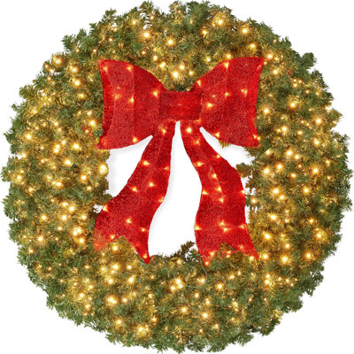 Artificial Pre-Lit Fir Christmas Wreath Holiday Accent Decoration For Door, Mantel W/ Lighted Bow, 130 LED Lights, 220 PVC Tips, Power Plug-In