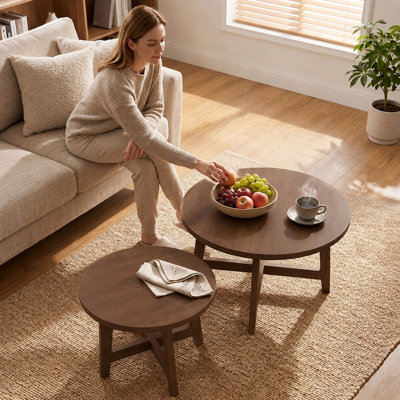 Ensemble de 2 tables basses gigognes rondes, tables d'appoint modernes au fini noyer, tables de bout empilables en forme de X pour le salon, la chambre à coucher et le balcon