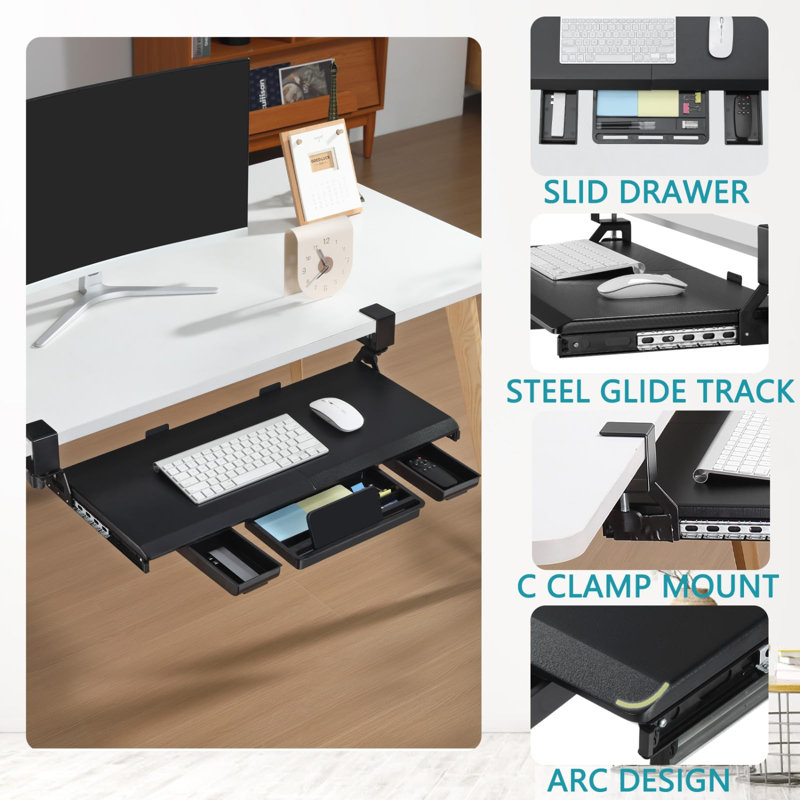 Keyboard Tray Under Desk, Pull Out Keyboard & Mouse Tray With C-Clamp, Ergonomic Desk Keyboard Tray Slide Out, Pull Out Platform Drawer For Home And Office(Black)