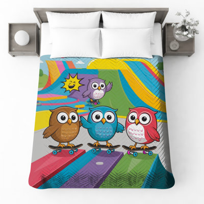 Couvre-lit matelassé coloré Skateboarding Owls toutes tailles