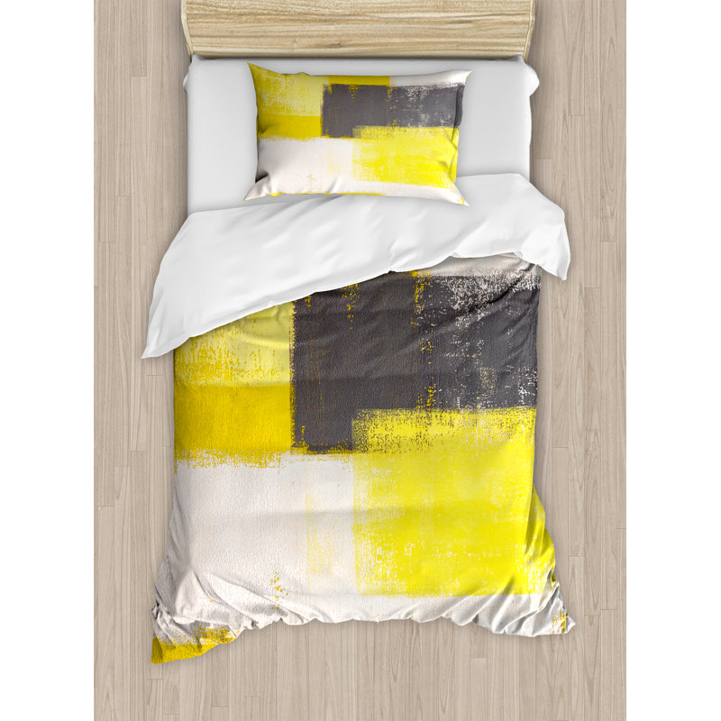 Twin Gray and Yellow Abstract Brushstroke Duvet Cover Set