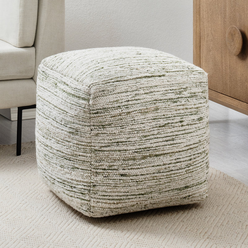 Yinka 18" Woven Pouf - Ivory Green Classic Stripe Pattern Accent Pouf Ottoman, hand woven, Ivory Green Polyester