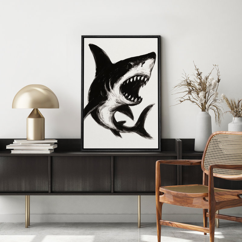 Black and White Shark Art - Pictures Framed Canvas Print Wall Art, 24" H x 16" W x 1.5" D, Black Frame