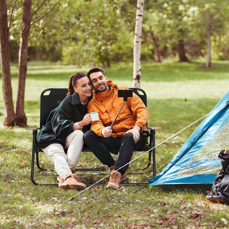 Double Folding Camping Chair, Loveseat For 2 Adults, Portable Camping Couch With Wood Armrest & Cupholders, For Backpacking, Beach, Sports Travel, Black