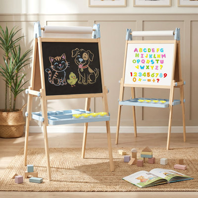 Joyooss Easel For Kids Ages 4-8 Easels For Toddlers Art Kids Easel Ages 8-12 Wooden Drawing Easels Double-sided Magnetic Whiteboard Chalkboard With Paper Roll For Kid Dry Erase Board Blue