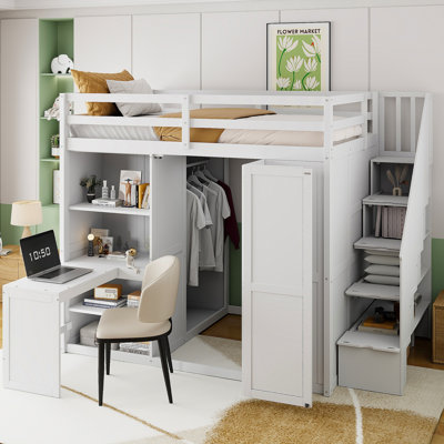 Lit mezzanine avec garde-robe, bureau et tablettes