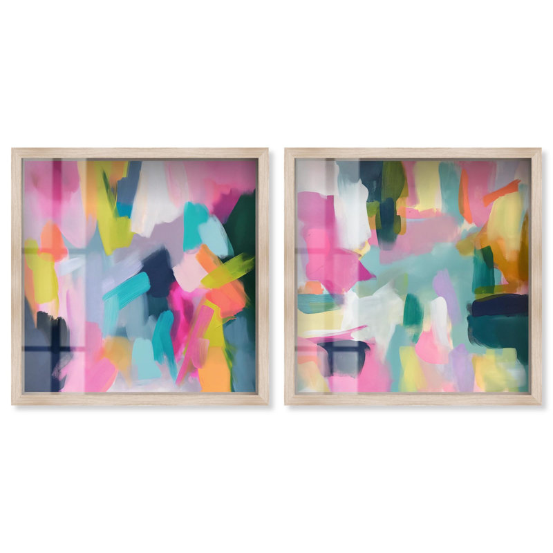Ensemble « Flamingo Mist » : impression sous cadre-vitrine, ensemble d'art abstrait moderne par Art Remedy, cadre noir, 12 x 12