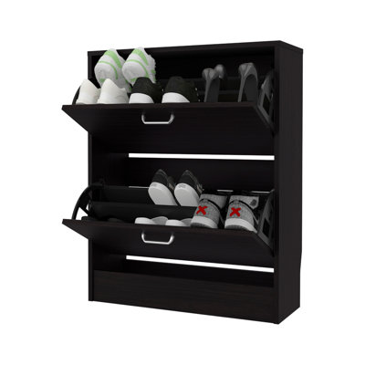 Armoire à chaussures Ozzy, 2 portes basculantes, conception mince, supports internes, style moderne, wengé