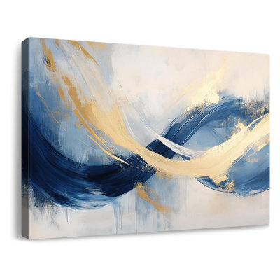 Blue Gold Abstract Canvas Art Modern Oil Painting Giclee Print Bold Navy Azure Swirls With Metallic Gold Highlights For Living Room Home Office Decor Framed 36X24in