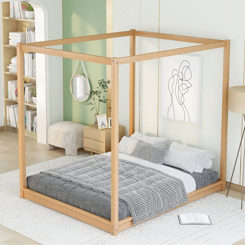 Natural Queen Canopy Platform Bed With Support Legs - Build Of Pine And , Modern Bedroom Look, Custom Canopy, Underbed Air Circulation Stable Design, Fresh Keeping Underbed, Feature, Aesthetic, Fast