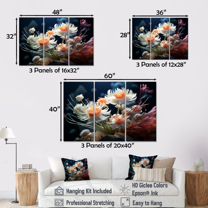 Ensemble de salon Vibrant White Flower Delights - Flowers, Toile tendue, H 40 po x l 60 po x P 1 po