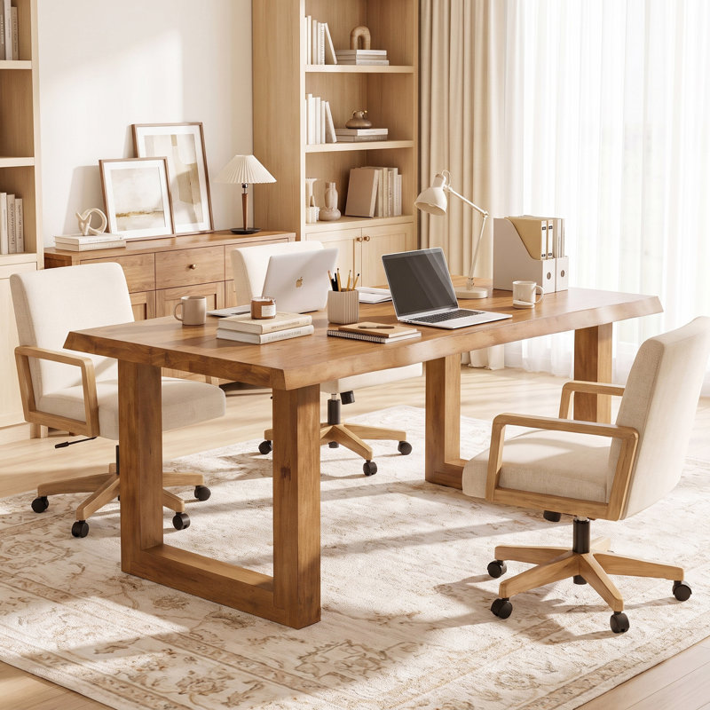Table de salle à manger en bois massif à rebords naturels et pieds sculpturaux, style rustique moderne, Marron foncé