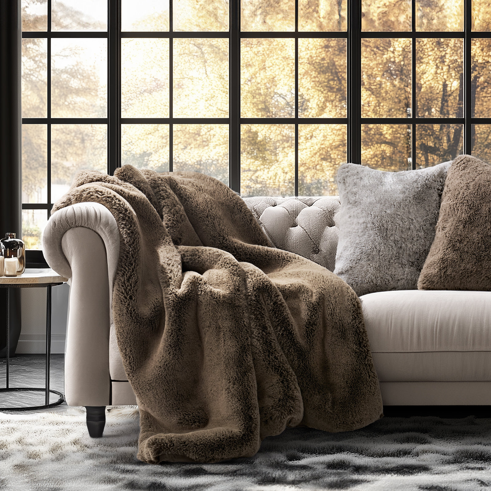 Chinchilla Faux Fur Throw Blanket, Brown Sable, 60" L x 50" W