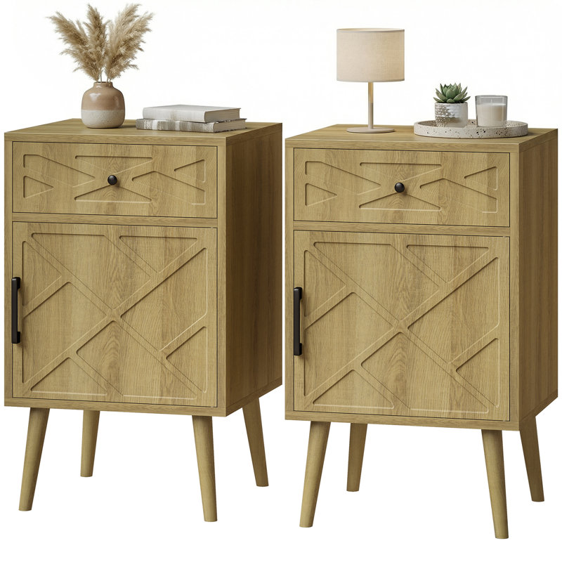 Ensemble de table de chevet 2 pièces, ensemble de table de chevet avec tiroir et armoire, chêne