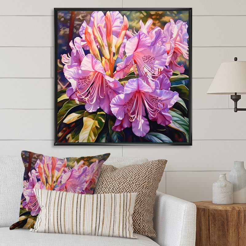 Fleurs de rhododendron mauve sur toile, H 24 po x l 24 po x P 1 po, Cadre flottant noir