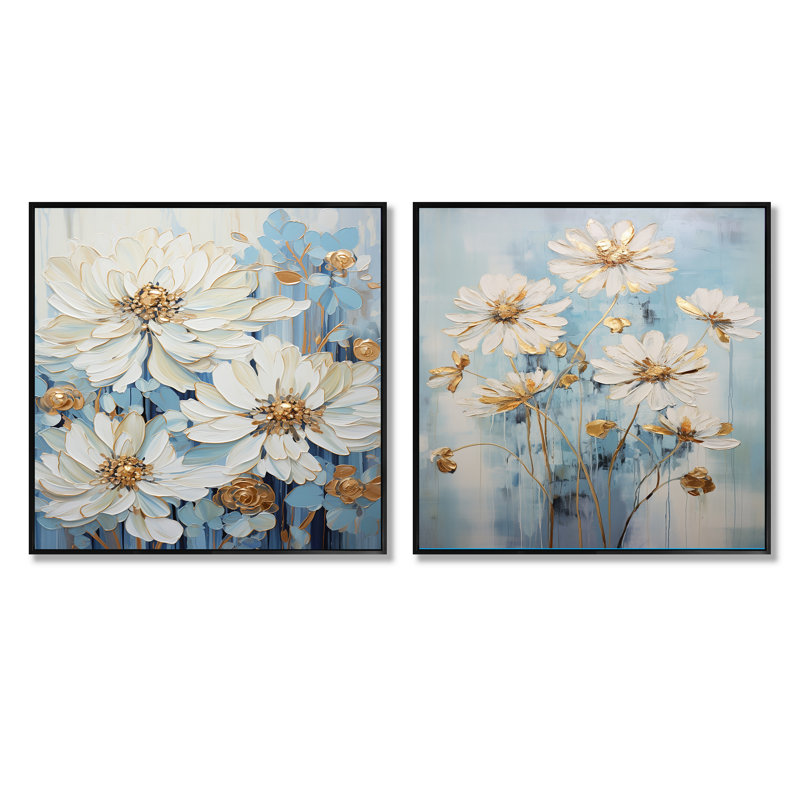 Nature of Blue Zinnias Symphony - Ensemble de 2 collages carrés Zinnias, Cadre flottant noir, H 36 po x l 73 po