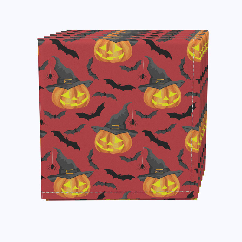 Polyester Floral Square Napkin, Pumpkin in Hats and Bats