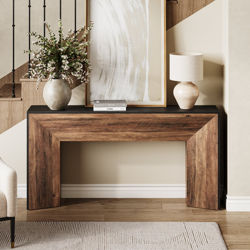 62.99" W Geometric Pedestal Console Table, Rustic Brown 