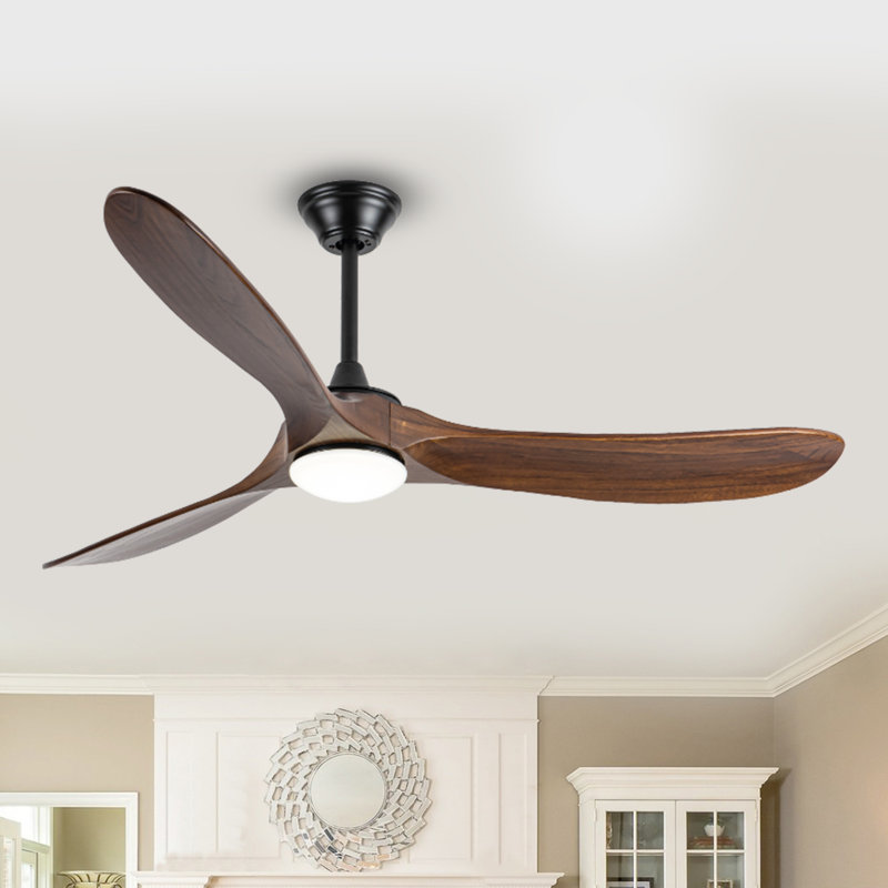 Ventilateur de plafond en bois massif avec lumière, moteur à courant continu, télécommande, Bois brun, 52"