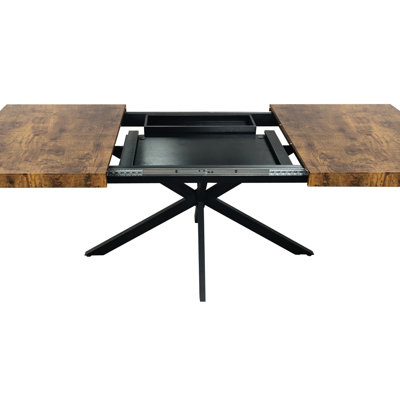 Rectangular Stretch Dining Table With Antique Wood Surface And Black Relief Ornament, Metal, 165lbs Capacity, Seats 6, Brown + Plate Table, Iron Foot