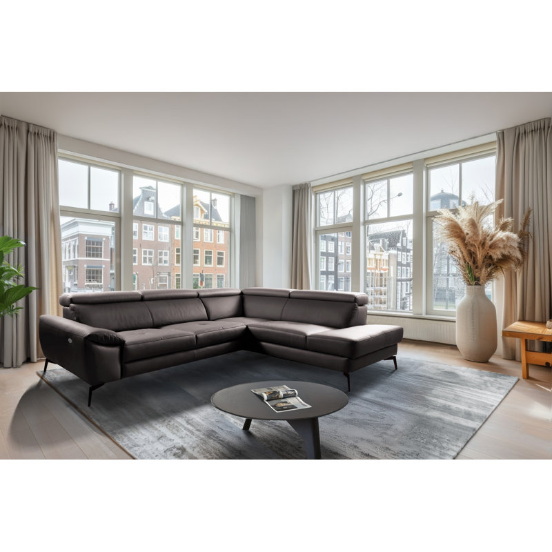 Alvoro Genuine Leather Corner Sofa with Electric Seat Extension & Adjustable Headrests, Right Hand Facing, Brown