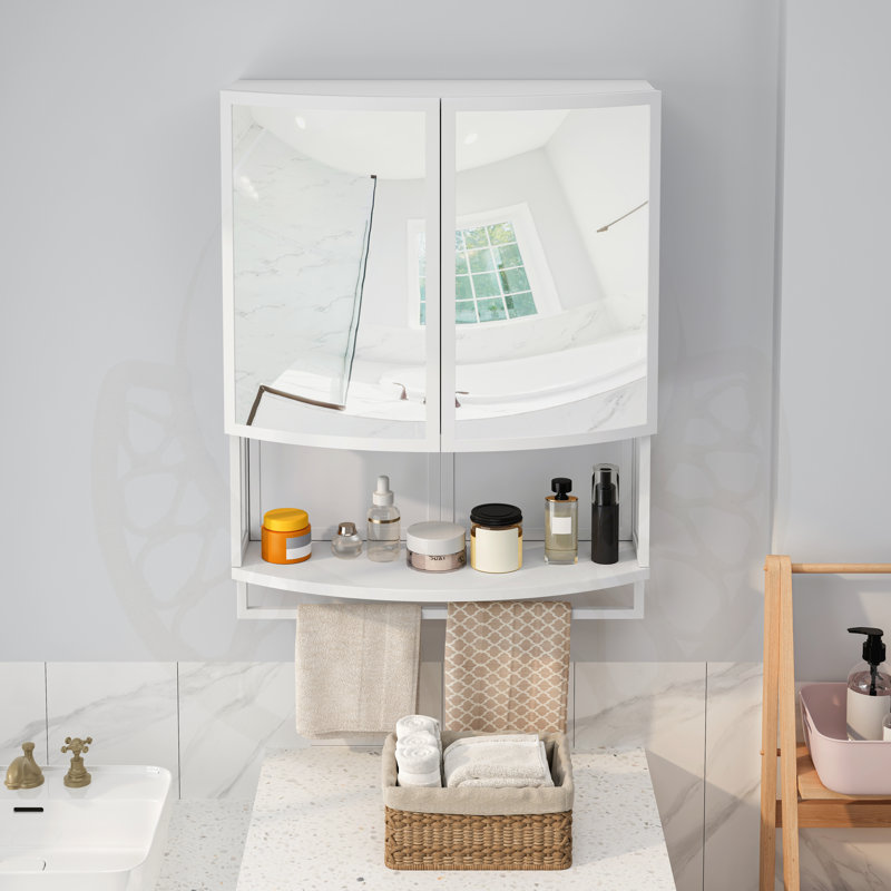 Armoire moderne en verre arquée à double porte avec miroir incassable, rangement double couche et tablette ouverte pour une utilisation polyvalente dans la maison