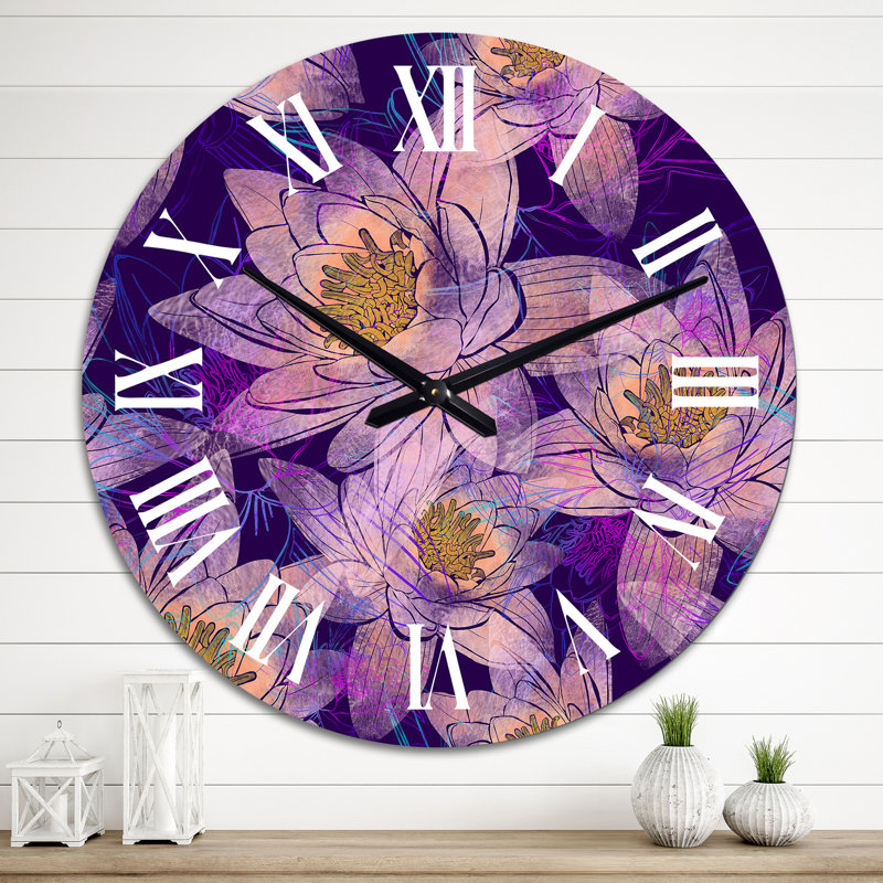 Fuchia Lotus Flowers on Purple - Traditional Wall Clock, Medium