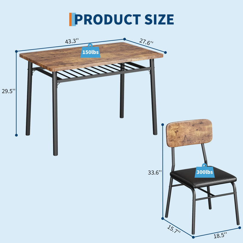 Ensemble de table de salle à manger 5 pièces pour 4 personnes, plateau de table en bois avec support de rangement et structure en métal robuste, 4 chaises de salle à manger rembourrées, mobilier de cuisine compact, brun