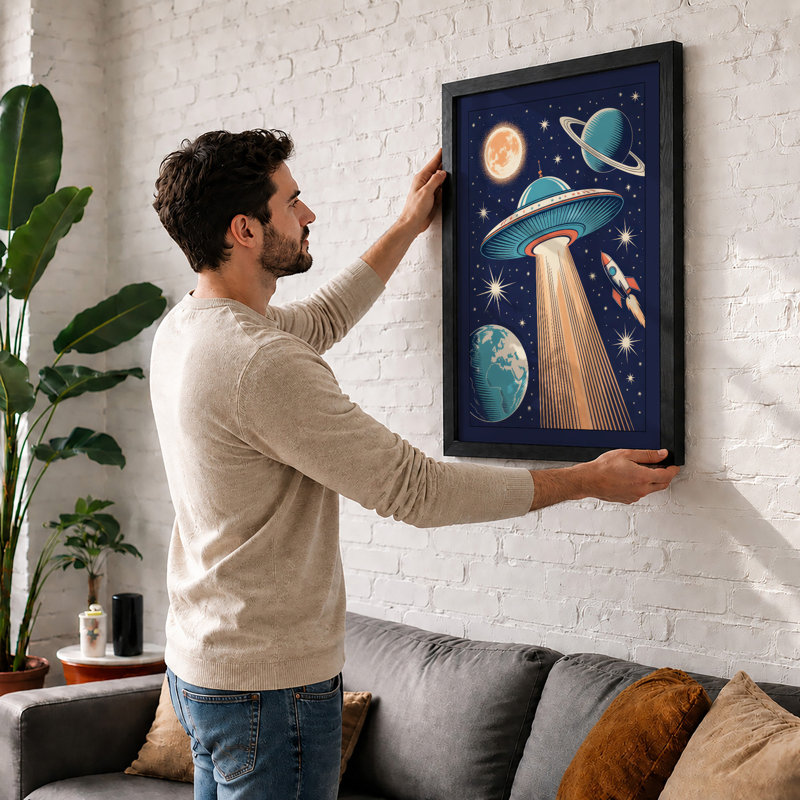 Flying Saucer Over Earth Retro - Framed Print, A1 - 84.1 x 59.4 cm, Walnut