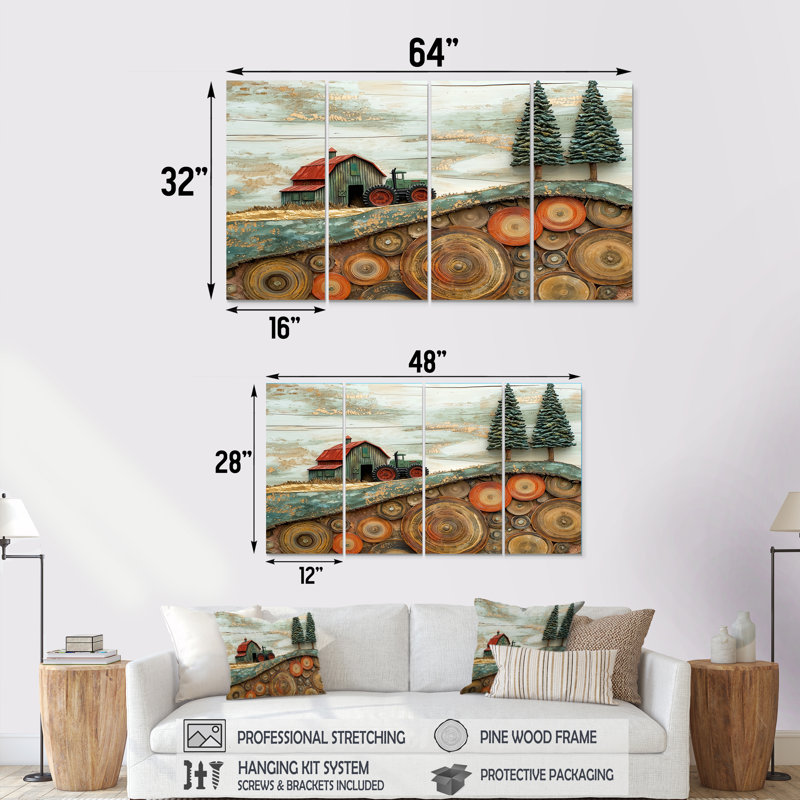 Grange d'hiver avec tracteur paysage - ferme, décoration murale - art mural campagne 4 pièces, H 28 po x l 48 po