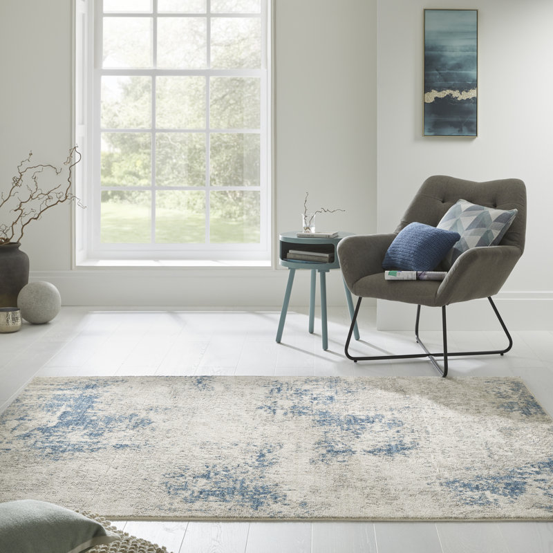 Edgeworth Abstract Machine Woven Cream Blue Area Rug, Rectangle 120cm x 170cm