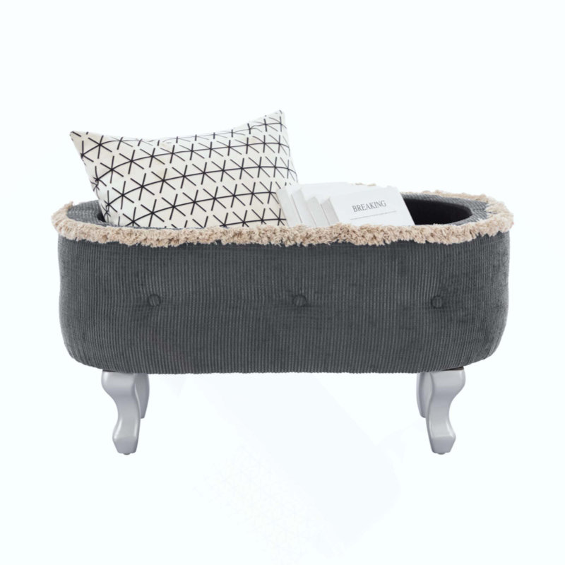 Tufted Storage Bench With Tassel Trim And Metal Legs, Gray