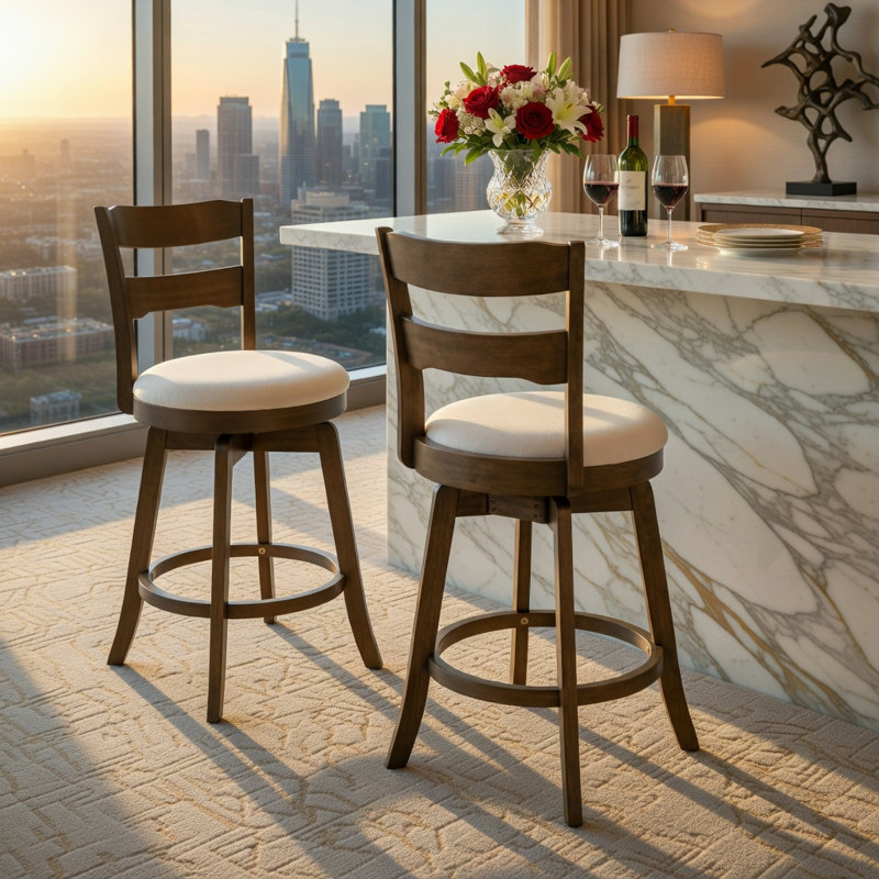  Ensemble de 2 tabourets de bar pivotants à hauteur de comptoir de 25 pouces avec dossier, siège rembourré en polyester et structure en bois d'hévéa massif, beige et brun