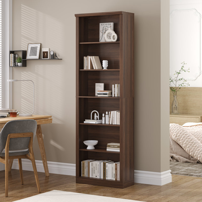 6-Tier Fixed Shelf Bookcase, 75" Tall Heavy-Duty Storage with Tip-Resistant Design, Walnut