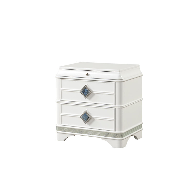 Table de chevet blanche de style moderne 2 avec accents de cristal, fonction et rembourrage en bois massif pour la chambre à coucher
