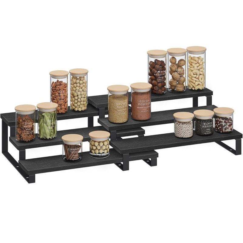 2 Pack Extendable 3-Tier Stackable Wood Spice Organizer, Ebony Black + Ink Black