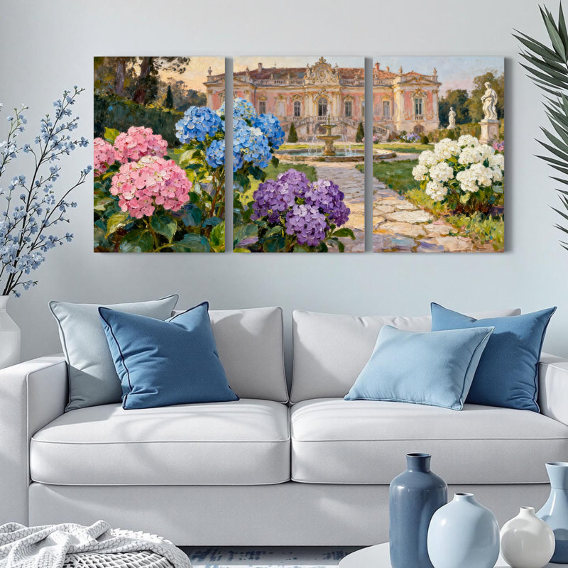 «Hydrangea Garden Palace Landscape», reproduction d'art sur toile tendue sur toile, ensemble de 3, H 24 po x l 48 po