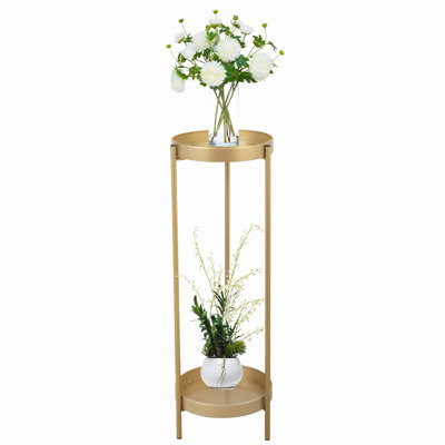 Support pour plante moderne en métal à 2 niveaux avec 2 plateaux ronds pour l'intérieur et l'extérieur