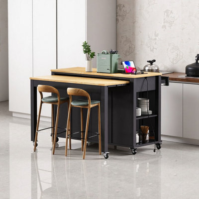 Îlot de cuisine 47 po avec table extensible, prise de courant intégrée et rangement - noir
