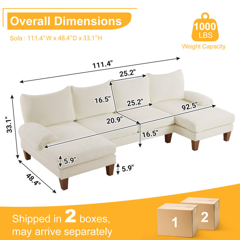  110 In. Pillow Top Arm U-Shaped Sectional Sofa, Beige Chenille