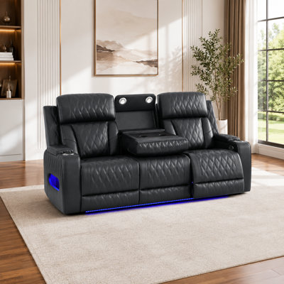 Culloden 82" Wide Top Breathable Leather Power Reclining Sofa With Fold-Down Table, Wireless Charging, LED Reading Light, Cup Holders & Blue LED Lighting