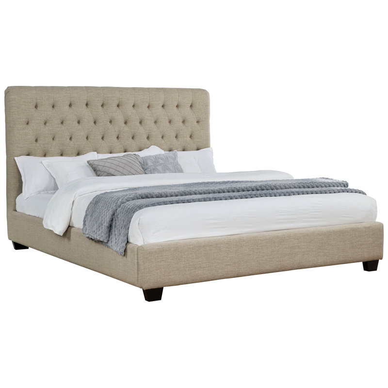 Très grand lit tapissier avoine, tête de lit ajoute de la sophistication, aménagement ouvert pour une chambre spacieuse, nécessite un attrait classique classique, support en contreplaqué Silhouette