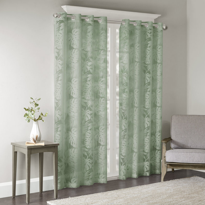 Leilani Palm Leaf Burnout Single Window Sheer, 50" W x 95" L, Sage Green